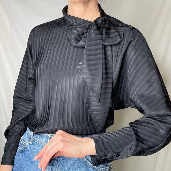 Vintage‎ 90s tie neck bow blouse black striped satin jacquard long sleeve M - Picture 13 of 16
